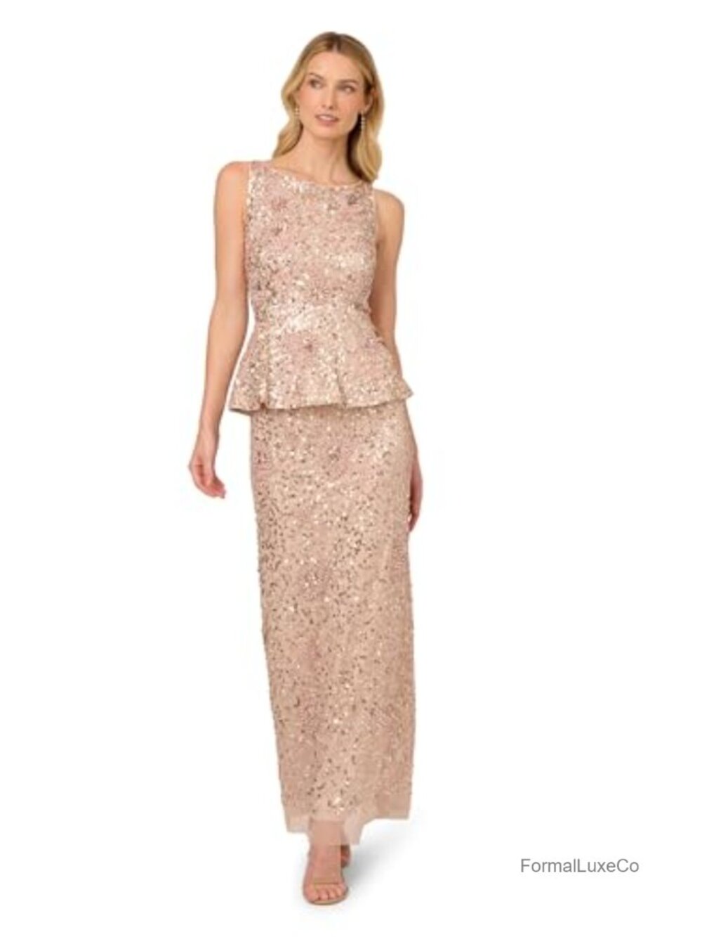 Beaded Peplum Long Dress Boat Neck Sleeveless Formal Gown